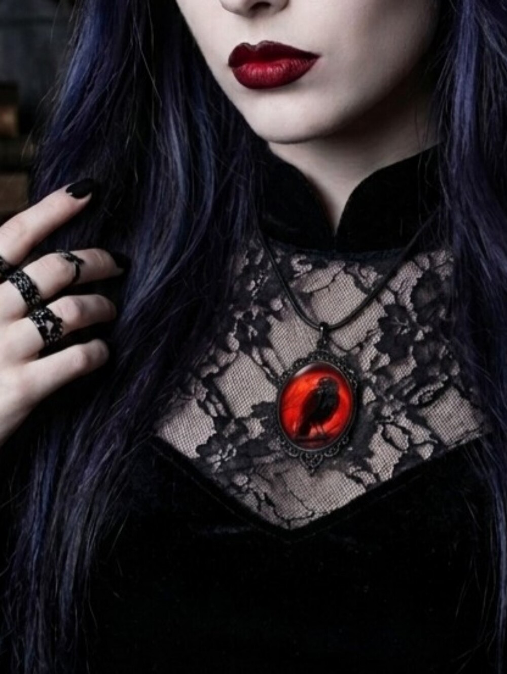 Gothic‎ Crow Red Moon Cameo Style Black Necklace Pendent